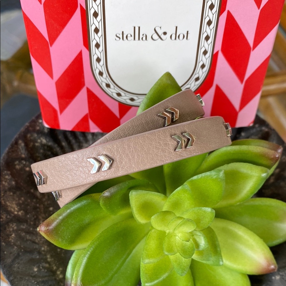 Stella & Dot Taupe Leather Double Wrap Bracelet with Silver Accents